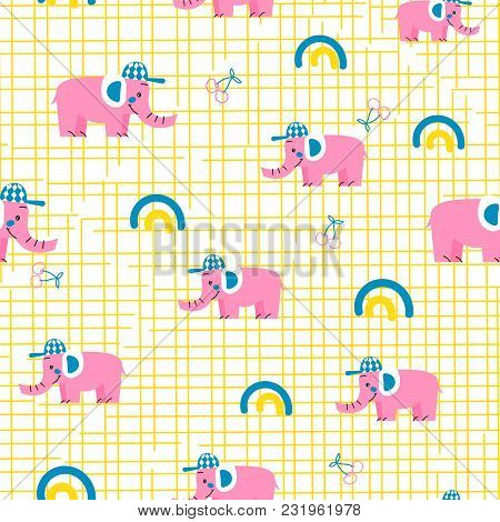 Seamless Vector Pattern With Pink Elephants. Cartoon Animal On Intersected Lines Background.