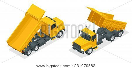 Isometric Dumper Truck, Excavator, Dump Truck Isolated. Vector Illustration Freight Transport, Heavy