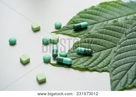 Mitragyna Speciosa Korth (kratom) Drug Plant With Pills In The Laboratory Research.