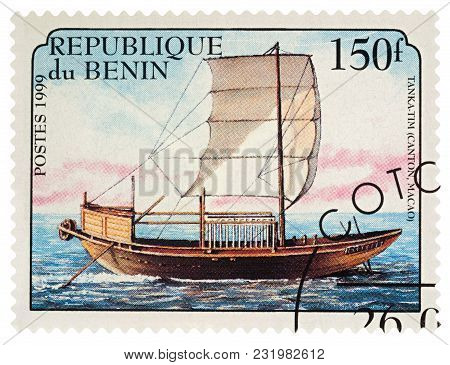Moscow, Russia - March 19, 2018: A Stamp Printed In Benin Shows Old Sailing Ship Tanka-tim (canton, 