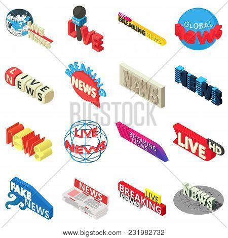 News Live Breaking Label Icons Set. Isometric Illustration Of 16 News Live Breaking Label Vector Ico