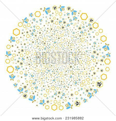 Honey Bee Swirl Spheric Cluster. Object Spiral Combined From Randomized Honey Bee Symbols. Vector Il