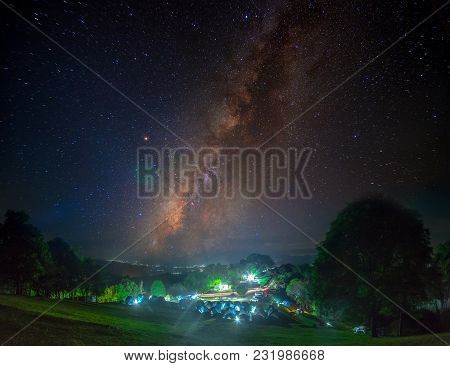 Landscape Of Milky Way Mountain And Deep Forest At Night Sky, Doi Samer Dao, Nan Province, Thailand