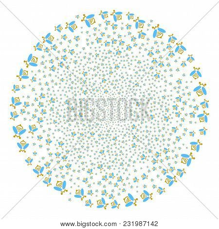 Bee Centrifugal Fireworks. Object Whirlpool Designed From Random Bee Items. Vector Illustration Styl