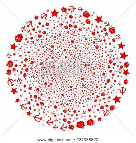 Communism Struggle Centrifugal Spheric Cluster. Object Cluster Designed From Random Communism Strugg