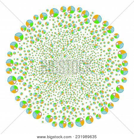 Pie Chart Twirl Exploding Globula. Element Burst Organized From Randomized Pie Chart Items. Vector I