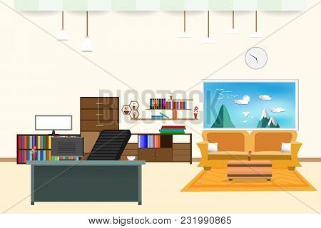 Living Room And Office Interior Flat Design Relax With Yellow Sofa And Computer Table - Chair Booksh