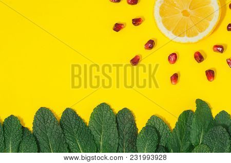 Flat Lay Creative Summer Background Grass Mint Sun Rays Lemon