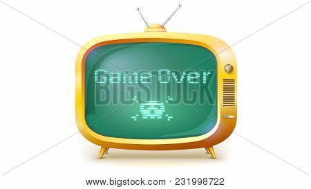 Game Over, Pixel Text, Skull And Bones On Screen. Yellow Tv Set With Message. Retro Style Of Tv Or C