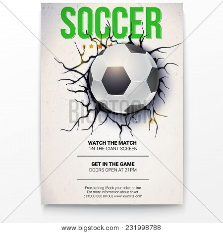 Poster With Soccer Ball On The Background Of A Broken-down Wall With Cracked Plaster. Football Ball 