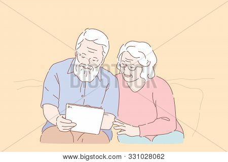 Studying Computer By Elderly People Concept. Technology Spread, Oldster Education, Active Social Lif