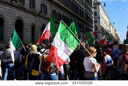 Rome, Italy. October 12, 2019. Demonstrators Against The Euro And The European Union Asking For Ital