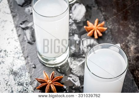 Traditional Arabic Alcohol Drink Raki With Anise, Dark Rusty Background Copy Space
