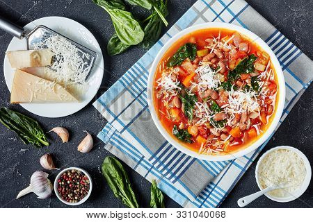 Italian Borlotti Or Cranberry Beans Soup With Celery, Vegetables, Spinach, Parmesan And Tomatoes In 