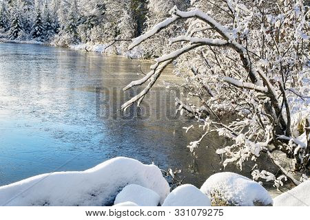 First Snowfall At The River, Bushes And Stones Covered With Snow