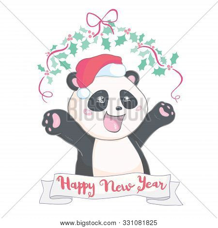 Cute Christmas Cartoon Panda Bear Character In Santa's Hat With Pompon Vector Image Isolated On Whit