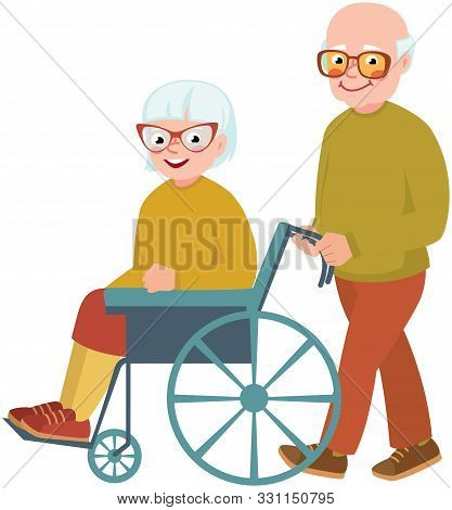 Elderly Couple Wife And Husband. Cheerful Old Woman In A Wheelchair Vector Illustration