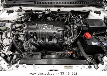 Novosibirsk, Russia - September 29, 2019:  Toyota Fielder, Close Up Detail Of  Car Engine, Front Vie