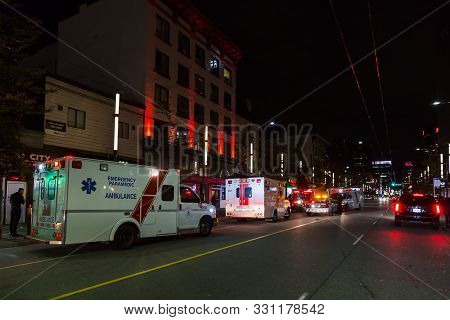 Vancouver, Bc, Canada - Oct 17, 2019: A Busy Weekend Night On Downtown Vancouvers Granville Strip Wi