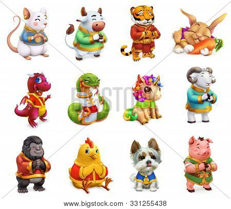 Funny Animal In The Chinese Zodiac, Rat, Ox, Tiger, Rabbit, Dragon, Snake, Horse, Sheep, Monkey, Roo