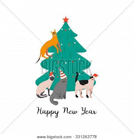 Design Template Card With Cute Domestic Cats. Happy New Year Holiday Poster With Funny Animals.