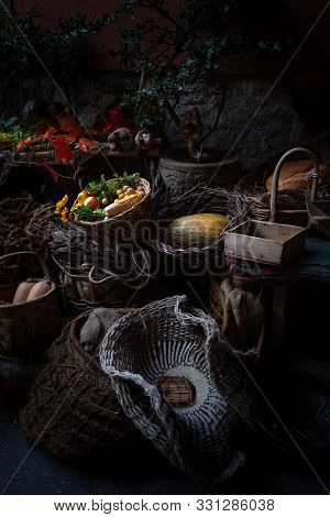 Various Foods In Foreground In Vertical Photo Darkened At Their Edges