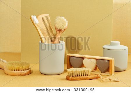 Background With Autumn Plants And Zero Waste Bathroom Utils In Pastel Colors. Natural Scin Care, Pla