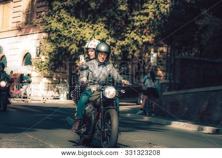 Rome Italy September 29, 2019 View Of Unknowns Bikers Rolling Through The Streets Of Rome In The Aft