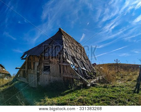 Abandoned Ruin Old Traditional Style Architecture Wooden Cabin Hut In The Isolated Mountain Village 