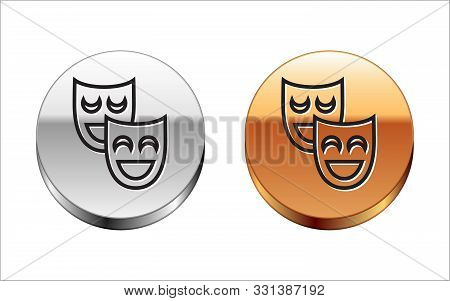 Black Line Comedy Theatrical Masks Icon Isolated On White Background. Silver-gold Circle Button. Vec