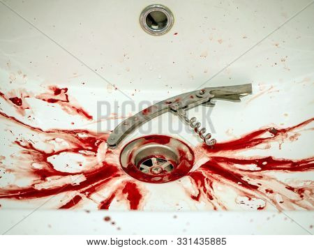 Blood Stains And Corkscrew In The Bathroom In White Ceramic Sink, Bleeding, Criminal, Suicide Concep