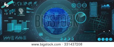 Gui Earth Globe In Hud Style. Futuristic Interface And Hologram Earth Globe. Command Center Dashboar