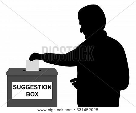 Man Businessman Employee Or Customer Inserting Or Putting Blank Paper Or Envelope In Suggestion Box.