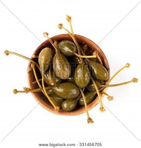 Bowl With Capers In Vinegar For Healthy Eating On A White Background