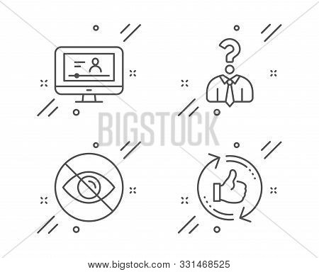 Online Video, Hiring Employees And Not Looking Line Icons Set. Refresh Like Sign. Video Exam, Human 