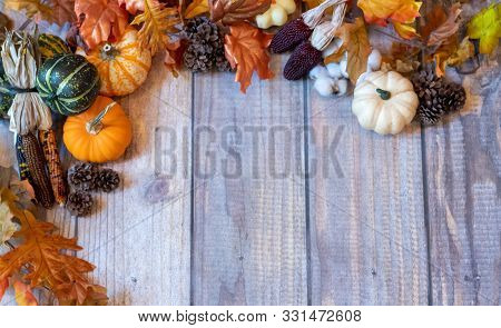 Autum Background With Leaves, Pumpkins, And Grourds.