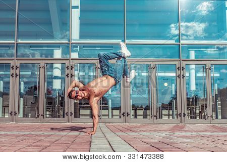 Male Dancer, Press Stand On One Arm, Dancing Breakdance, In Summer In City, Free Space For Text, Hip