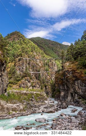 Suspention Bridge On The Everest Base Camp Trek, Himalaya Mountains, Sagarmatha National Park, Nepal
