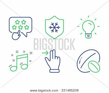 Musical Note, Touchscreen Gesture And Ranking Star Line Icons Set. Light Bulb, Clean Skin And Soy Nu