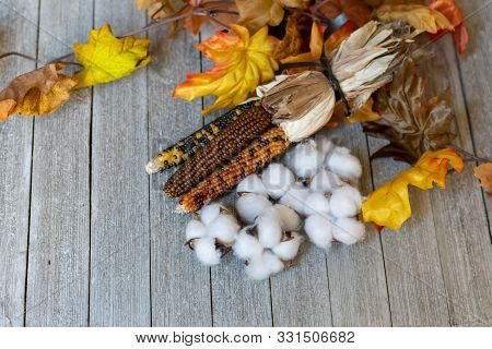 Autum Background With Leaves, Pumpkins, Dried Corn, And Grourds.