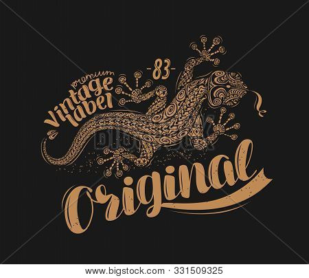 Lizard T-shirt Design. Drawn Animal Vintage Vector Illustration