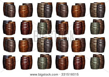 Pattern Wooden Wine Barrel Brown Gray Set Base White Substrate. Wine-making Oak Barrels