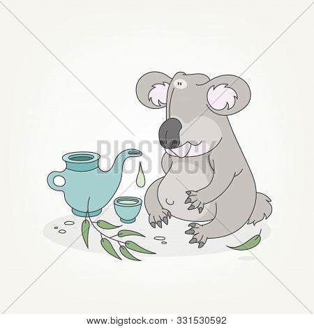 Cartoon Character Of A Forest Animal. Funny Cute Koala Sits Next To A Teapot And A Cup Of Eucalyptus