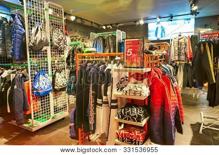 HONG KONG, CHINA - CIRCA JANUARY, 2019: clothes on display at Superdry store in Elements shopping mall.