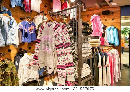 HONG KONG, CHINA - CIRCA JANUARY, 2019: clothes on display at Superdry store in Elements shopping mall.