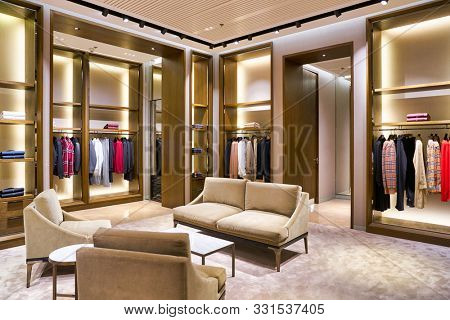 HONG KONG, CHINA - CIRCA JANUARY, 2019: interior shot of Burberry store in Elements shopping mall. Burberry Group PLC is a British luxury fashion house