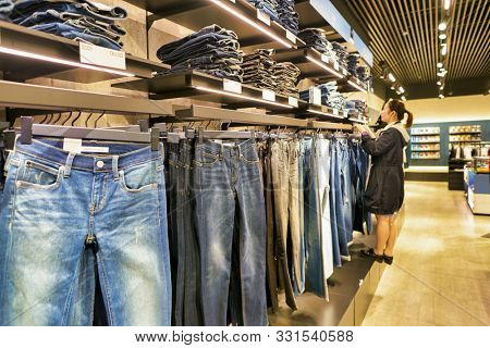 HONG KONG, CHINA - CIRCA JANUARY, 2019: interior shot of Calvin Klein store in Elements shopping mall. Calvin Klein Inc. is an American luxury fashion house.
