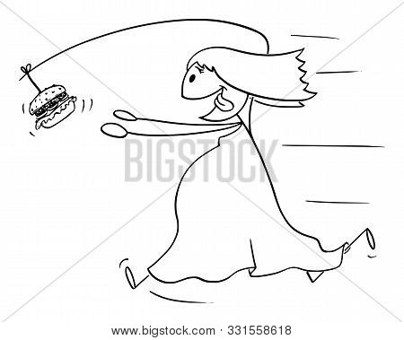 Vector Cartoon Stick Figure Drawing Conceptual Illustration Of Fat Overweight Woman Chasing Unhealth