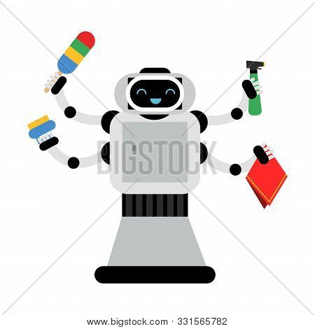 Multi Armed Robot Home Assistant Holds Different Items For Cleaning. Vector Illustration.
