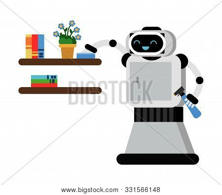 Cute Robot Home Helper Wipes The Dust. Vector Illustration.